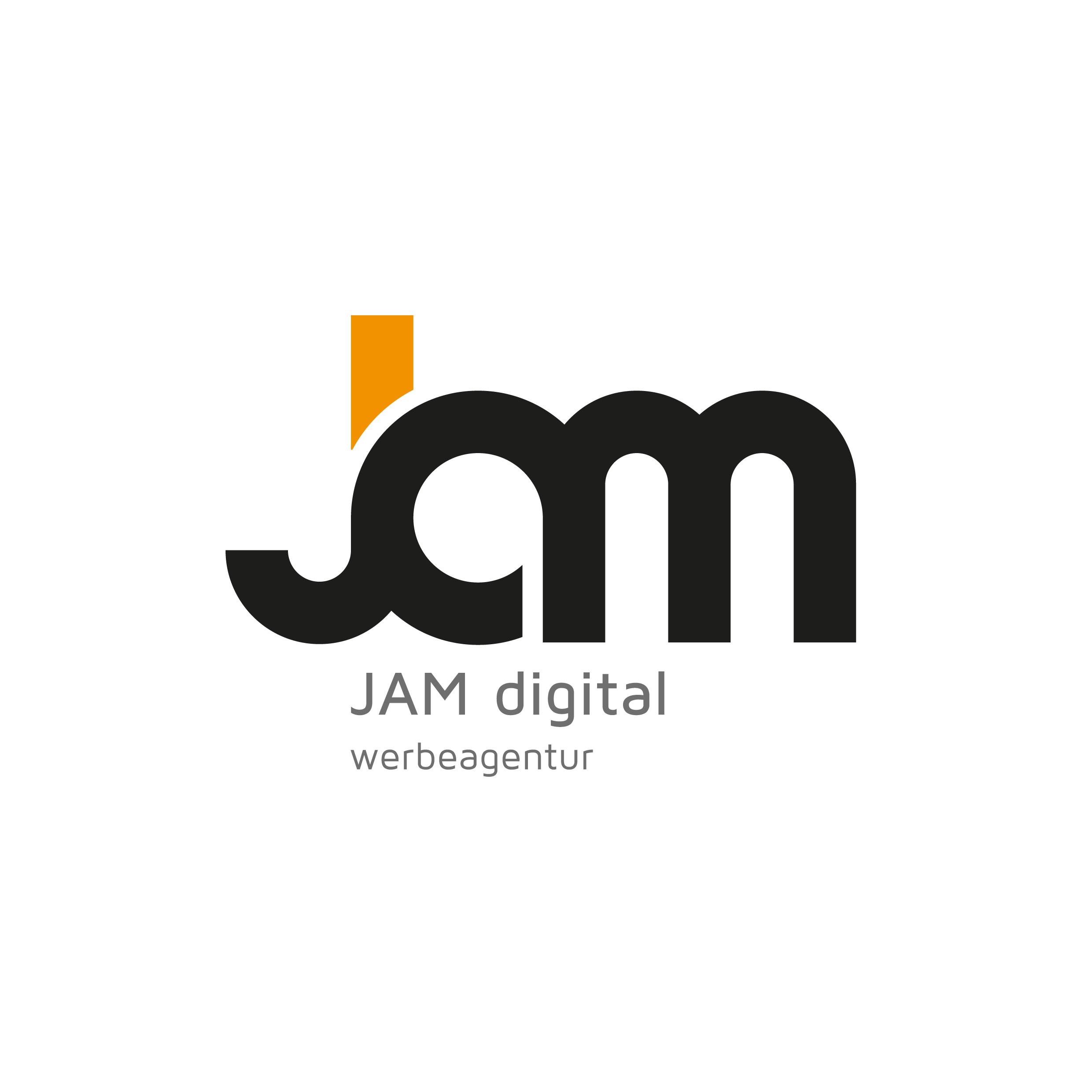 Logo für die JAM digital werbeagentur. Das Wort "jam" ist in fetten schwarzen Kleinbuchstaben geschrieben, wobei der Buchstabe "i" in "digital" als orangefarbener vertikaler Balken stilisiert ist. Der Hintergrund ist weiß.